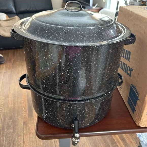 Vintage Graniteware three-piece porcelain on steel clam steamer holds 19 quarts - Picture 5 of 8